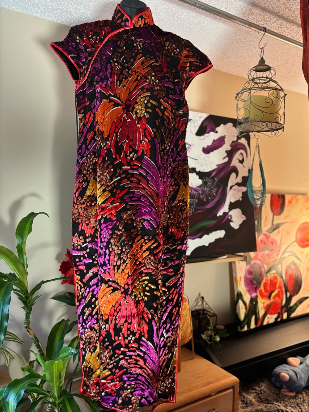 Vintage Handmade Silk Velvet Oriental Cheongsam Qipao Maxi Dress Floral M • Slit